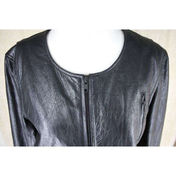 Theory Black Leather Fida Crop Front Zip Biker Jacket Size Large $815 Womens Sz - Picture 7 of 10